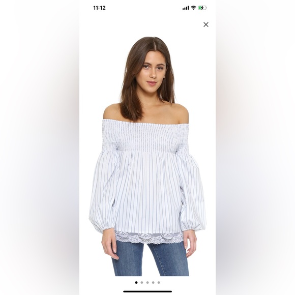 MLM Made For You Womens XS White Blue Stripe Off Shoulder Balloon Sleeve Blouse - Picture 1 of 10